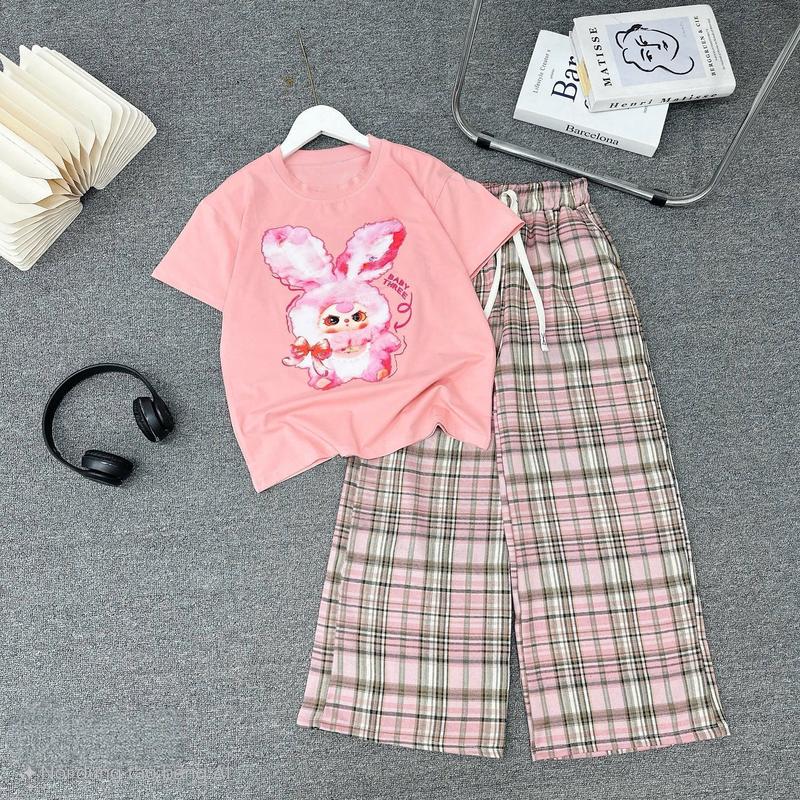Set bộ cho bé gái, áo thun kèm quần kẻ caro fom rộng in hình baby three dễ thương chất vải cotton su mềm mịn cho bé 15-45kg 3