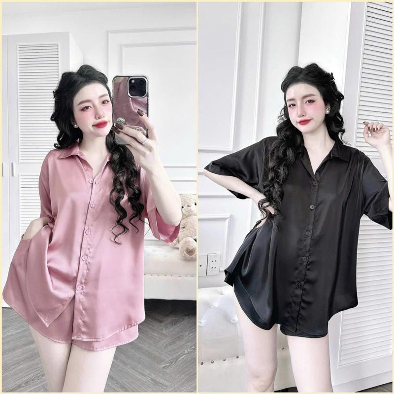 [<70kg] Đồ ngủ nữ, Đồ bộ Bigsize TAMY Set bộ áo sơmi tay ngắn quần đùi giả váy có túi Chất lụa Latin mềm mịn Freesize