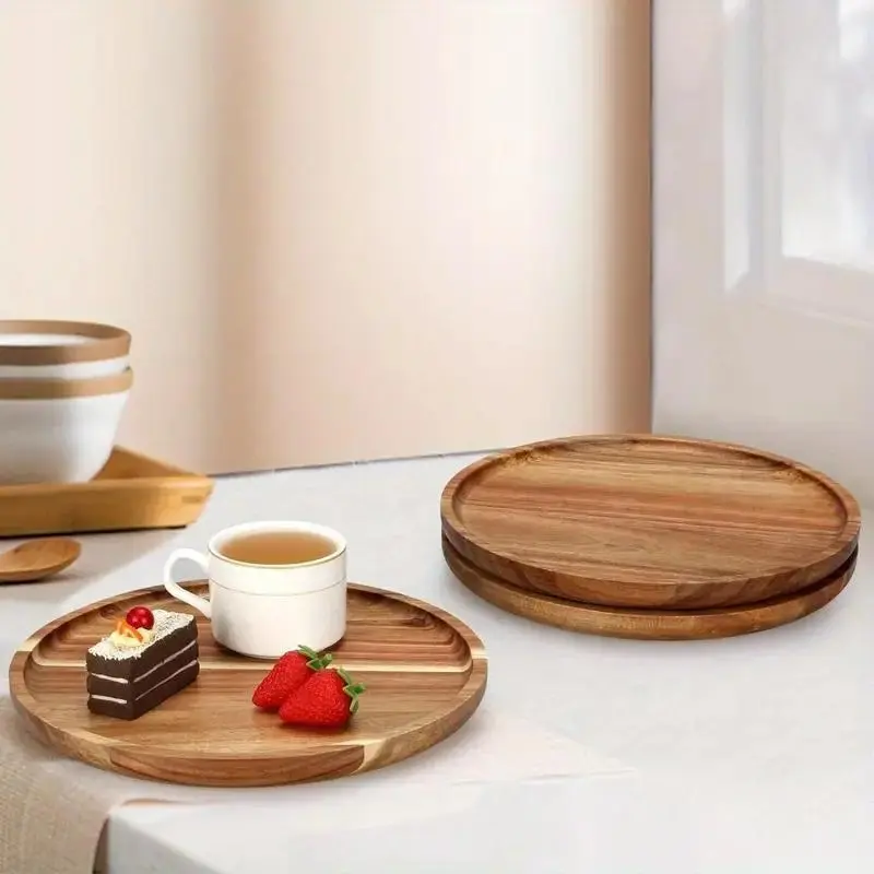 Round Wooden Tray, 1 Count Serving Tray, Fruit Tray, Snack Tray, Breakfast Tray, Table Decor, Home Decor, Kitchen Supplies, Coasters 2