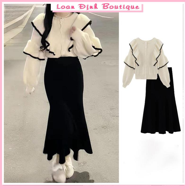Set Áo Bèo Viền Đen Mix Chân Váy Xòe Đuôi Cá Tiểu Thư Điệu Đà Loan Định Boutique LD045 Nữ Women Top Beo Nữ Women