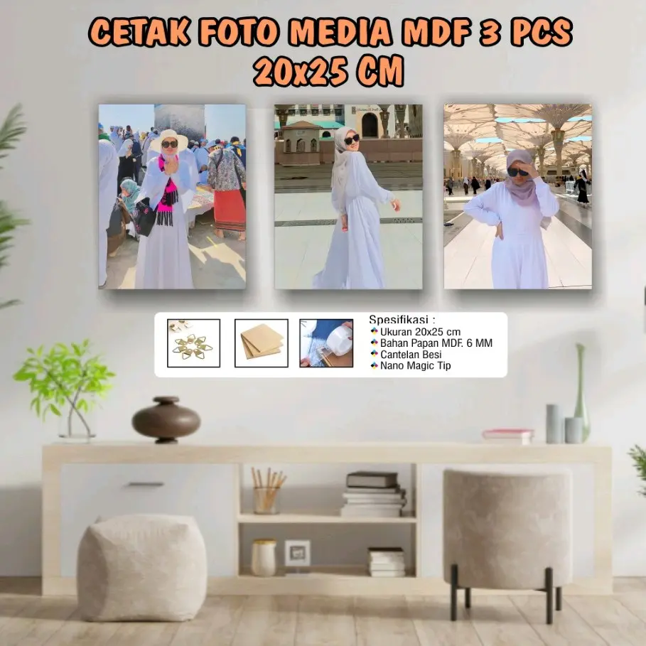 3 PCS ) CETAK FOTO + BINGKAI 20+25cm MEDIA KAYU MDF 6mm Besi