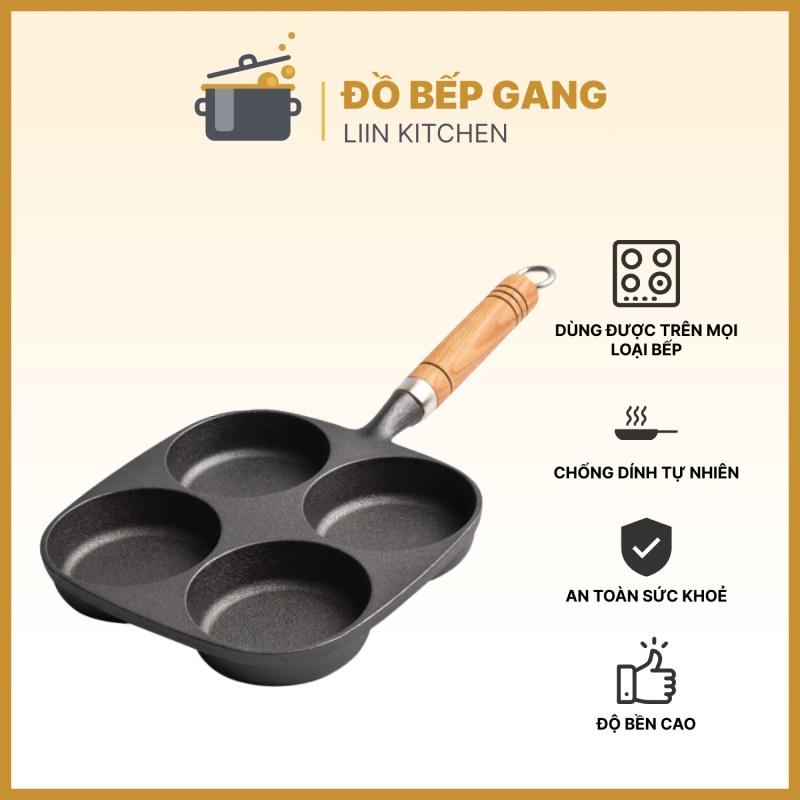 Chảo 4 ngăn chảo chiên trứng làm bánh chống dính tay cầm gỗ dùng trên bếp từ LIINKITCHEN