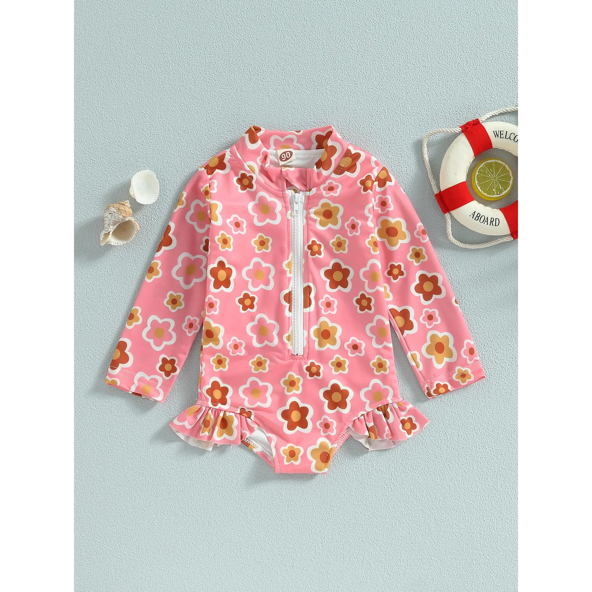 Kids Baby Girl Swimsuits Summer Floral Long Sleeve Zipper Ruffles Jumpsuit Swimwear Beachwear Bathing Suits Pink Yellow