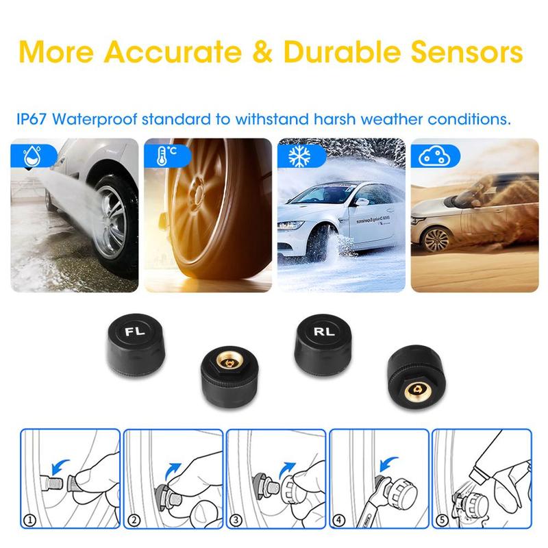 Product Introduction of Srnubi Tire Pressure Monitoring System, Wireless Solar TPMS Tire Pressure Monitor with 4 External Sensors, Real-time Display for Car RV SUV MPV 16