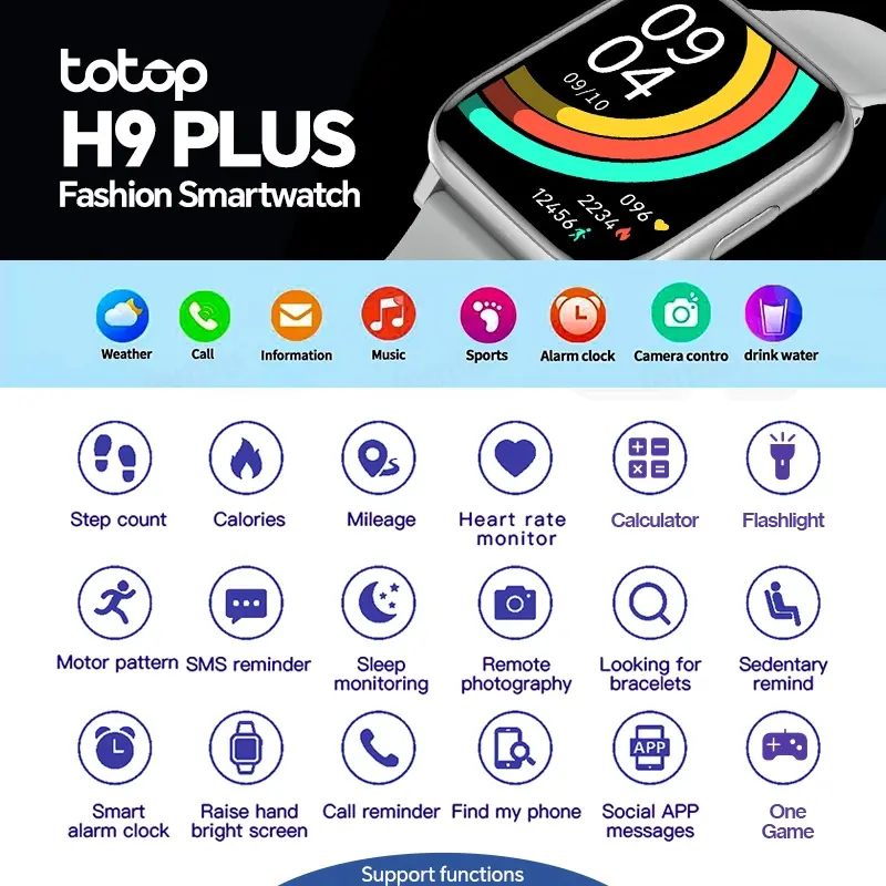 Totop SmartWatch H9 PLUS Fashion Bluetooth upgrade Smartband 2.01 inch HD Screen Full Touch Bluetooth Call Jam Tangan Fitness Tracker Calculator Custom Wallpaper Music Wanita Pria 8