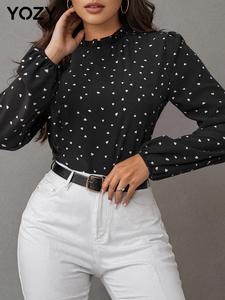 YOZY Women's All Over Heart Print Frill Trim Keyhole Neckline Blouse, Casual Bishop Sleeve Top for Fall & Winter, Women's Clothing for Daily Wear