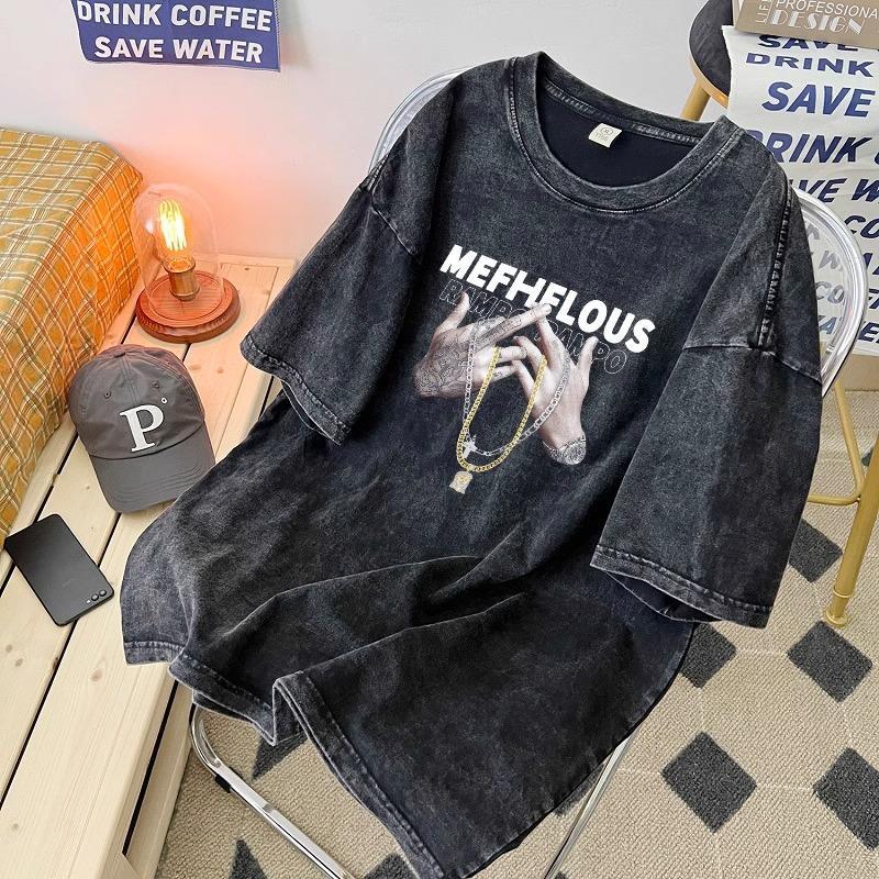 cotton nguyên chất mùa hè 2025 phong cách mới giặt đau khổ đa năng thời trang phong cách Hàn Quốc hợp thời trang rộng rãi cho nam nữ áo thun ngắn tay in hình học sinh cao cấp 3