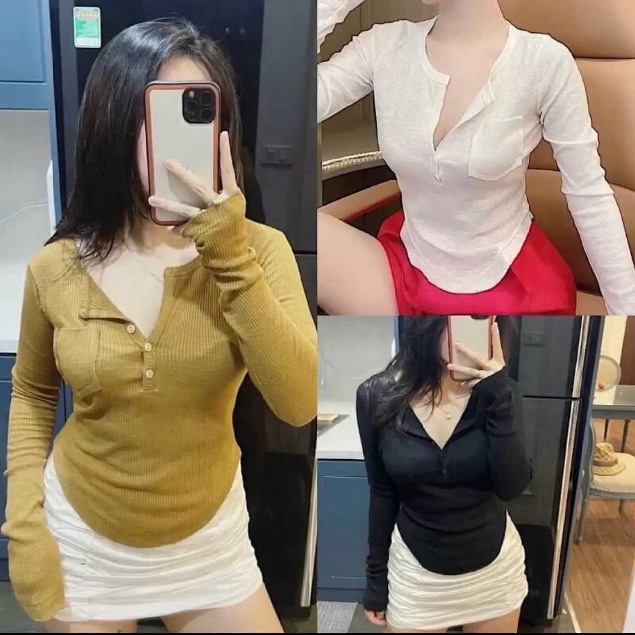 Áo thun nữ tay dài bo eo túi kiểu ,áo len tăm cúc túi sành điệu mã 01 Nhung Voi mã cp66 size dưới 54kg