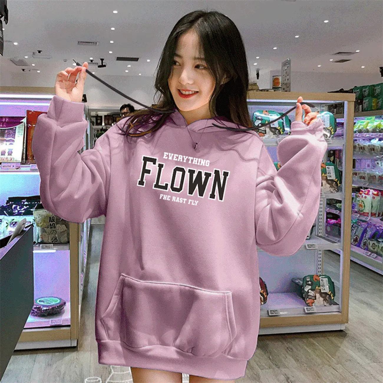 Sweater Hoodie Wanita FlOWN korean Remaja Dewasa Cewe Flecce Murah Hitam / Putih / Misty / Denim Dusty / Mint