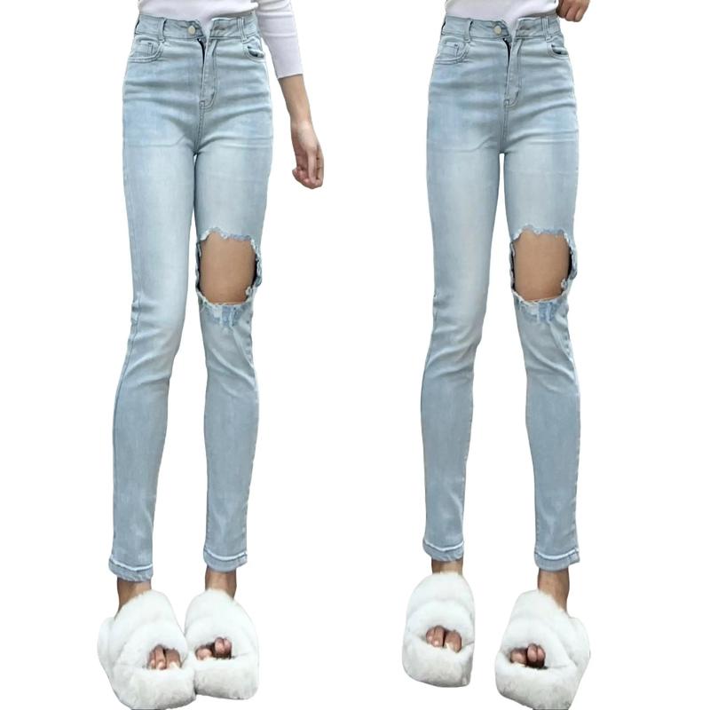 Quần jeans ôm xanh bạc rách to đùi 1 ,quần đi học,quần jeans girl phố Women Pants Denim Có Túi
