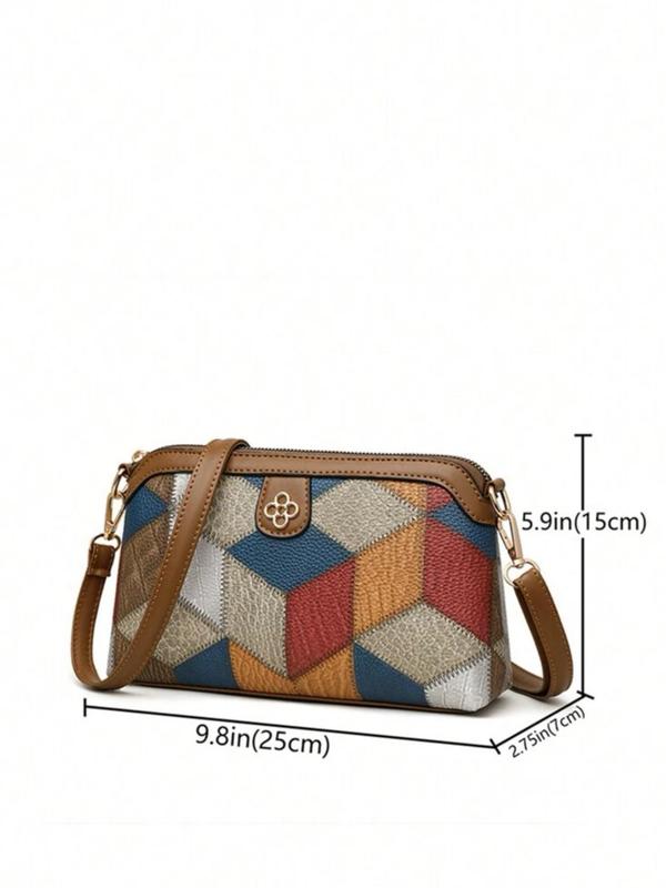 Geometric Argyle Pattern Zipper Purse Crossbody Bag, Vintage Colorblock Adjustable Bag, Versatile Fashion Women's Bag for Everyday Use 1