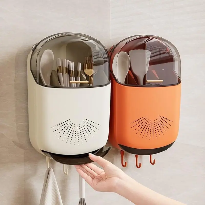 Hộp đựnġ Đũa Muỗng Treo Tường Có Khay Đỡ Nước - Ống đựnġ đũa gắn tường có nắp đậy - Bảo vệ thìa đũa muỗng khỏi bụi bẩn, côn trùnġ - kícḣ thước: 31x20x8 cm - Kitchen 0