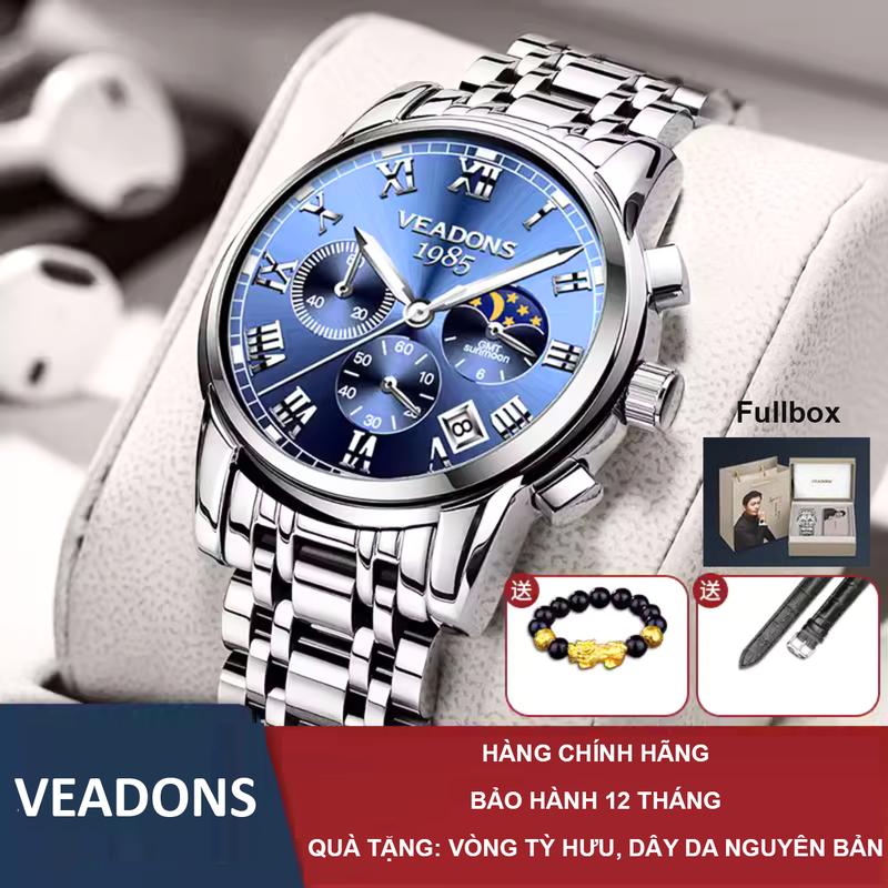 Fullbox Đồng hồ Veadons Chính_ Hãng mặt số phát sáng chống thấm nước - Đồng hồ nam Veadons cao cấp đeo tay lịch chuyển động thạch anh- Tặng dây da vòng tỳ hưu dụng cụ tháo bớt dây của Hãng