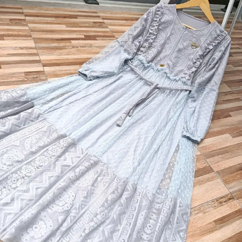 GAMIS BROKAT MALIKA/GAMIS ZULFA/GAMIS MURAH/GAMIS PESTA/GAMIS LEBARAN/ GAMIS Putih Karet Motif Karet Motif Twill Weave Blue daisha dress Muslim Dewasa Mewah Wanita Ruffle Gaun 6