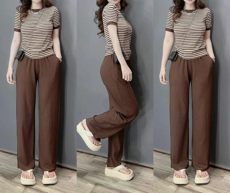 Set Bộ Thun Gân Tăm Lạnh Quần Dài Ống Suông mix Áo Tay Ngắn Co Giãn