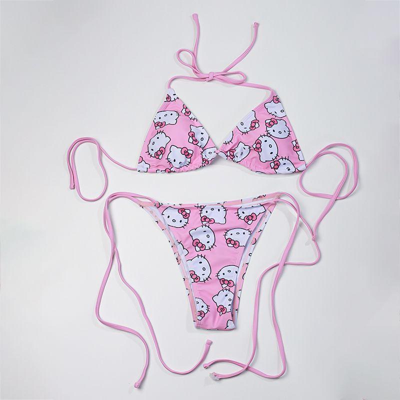 Áo Tắm Bikini, Kitty Cô Gái Dễ Thương, Phong Cách Tam Giác, Màu Hồng, Có Đệm Ngực Có Thể Tháo Rời Thích Hợp Cho Kỳ Nghỉ Bãi Biển, Đồ Bơi 2