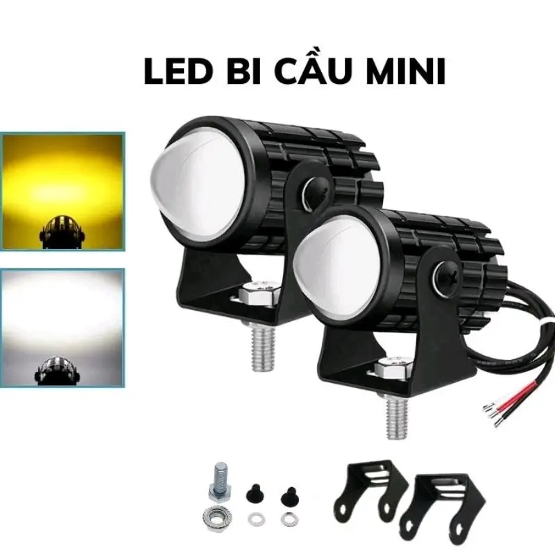 Đèn led trợ sáng bi cầu mini cho xe máy xe điện nguồn điện 12V pha trắng cos vàng