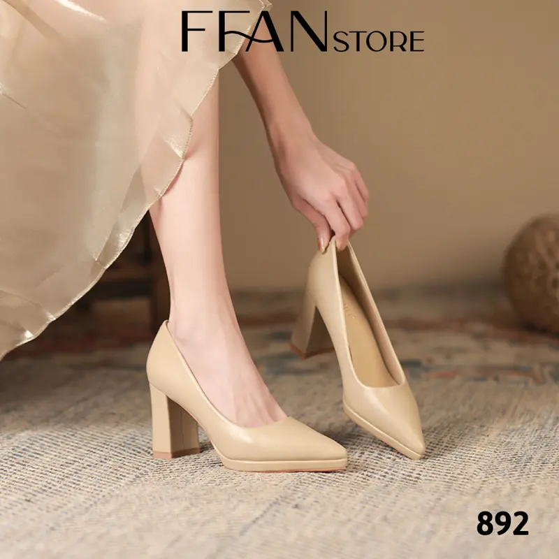 Giày cao gót mũi nhọn đúp đế vuông 8 phân 892 FFANSTORE, bít mũi da mềm mại big size màu đen be trắng đen da lộn 3