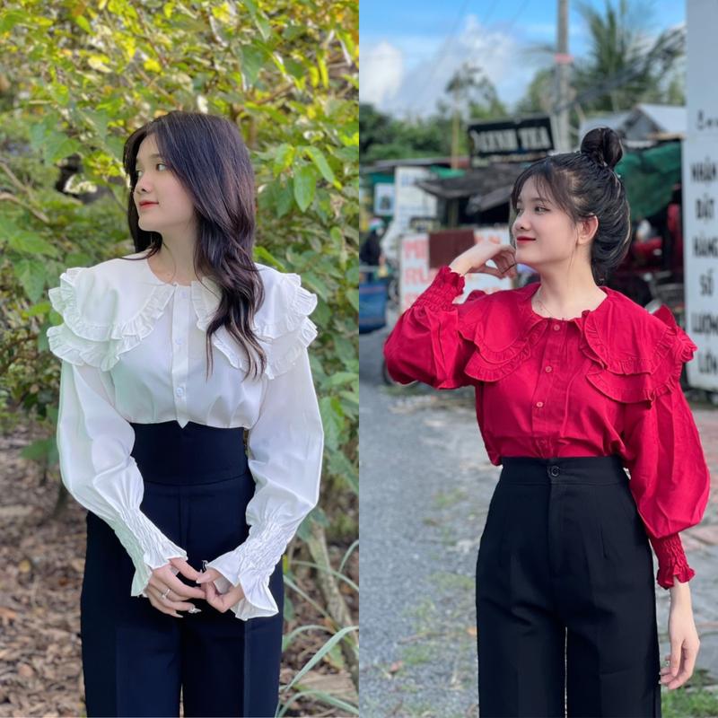 Áo sơ mi tay dài cổ bèo 2 tầng , áo babydoll tay phồng , áo kiểu tiểu thư viền bèo PLA111