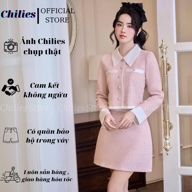  Set Dạ Tweet Hồng 2 Lớp Đính Kim Sa Chân Váy Chữ A Chilies Store Nữ Áo 