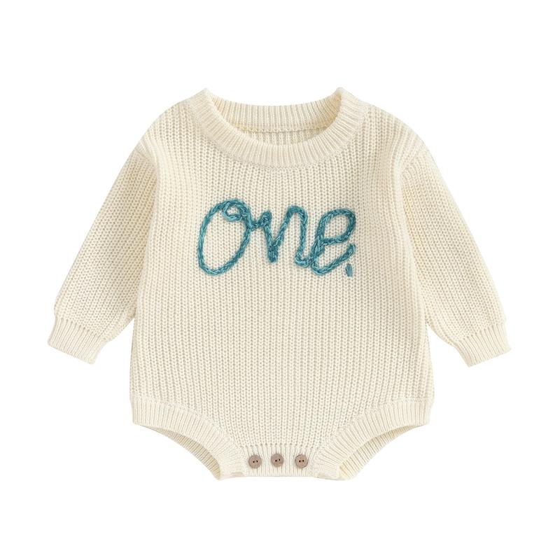 Infant Baby Knit Jumpsuit Letter Embroidered Long Sleeve Round Neck Romper Fall Winter Outfits 0