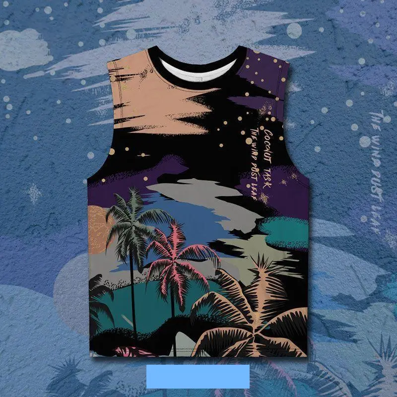 Ocean Cartoon Printed T-Shirt With Coconut Tree Style 3D Printing, Hot Selling Sleeveless T-Shirt, Unisex, Suitable For Vacation Wear