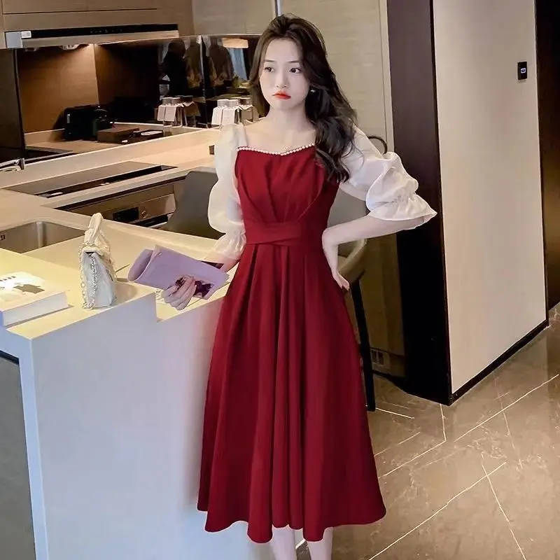 Váy Thanh Lịch Ngọt Ngào Dành Cho Phụ Nữ, Phong Cách Mùa Hè Hàn Quốc, Cổ Điển Và Thời Trang, Xếp Ly Giữ Eo, Tay Lửng Áo, Váy Dài
