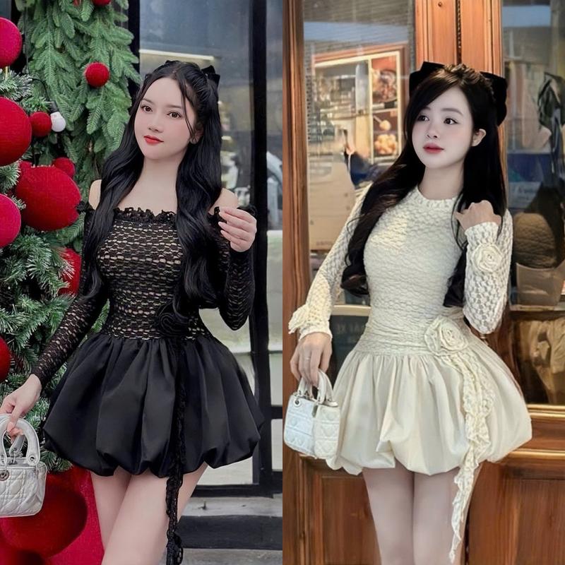 đầm váy nữ ren tay dài đính hoa nơ phối tùng bí tapta [Có Lót] xinh xắn dành cho các nàng diện đi chơi, đi tiệc
