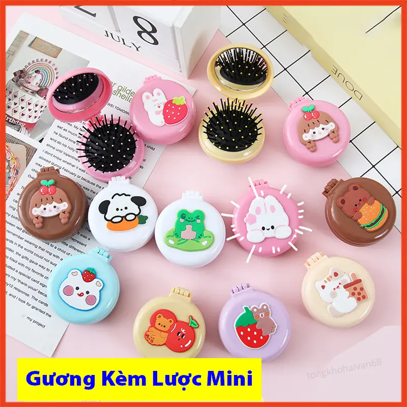 Gương lược mini có thể gấp gọn mang đi mọi nơi, lược trải đầu massage cầm tay  cute dễ thương