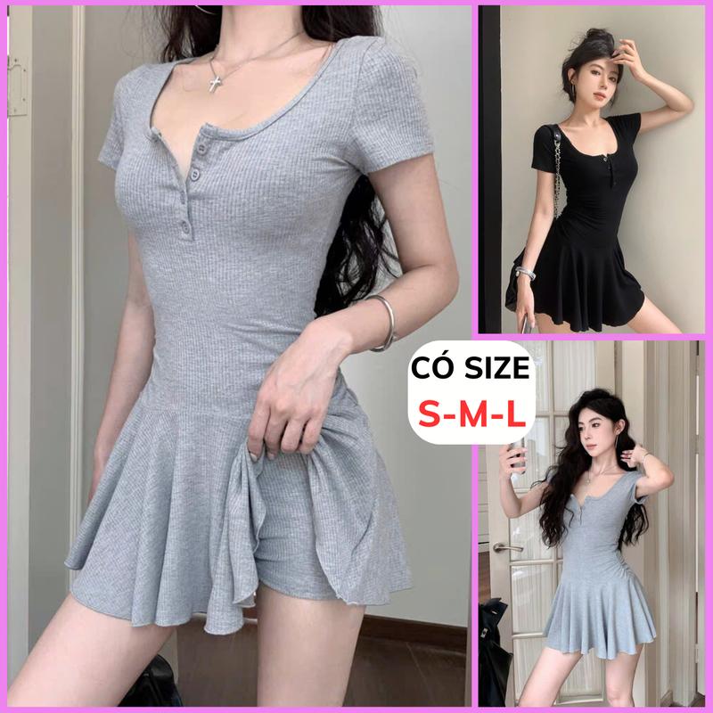 [CÓ SIZE+KÈM QUẦN BẢO HỘ] Đầm Body Cộc Tay RANSHI Váy Xòe Cổ Chữ U Cài Nút Ngực Nhún Eo Đầm Ôm Body Tôn Dáng Chất Gân Dày Váy Body Đầm Nữ Hot Trend - RBD147 Women Top