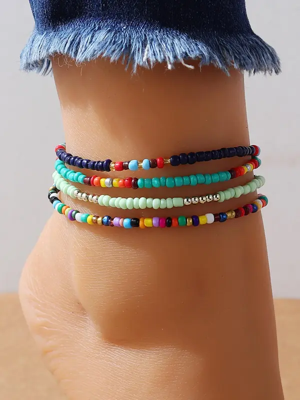 4pcs Boho Style Colorblock Beaded Anklet, Fashionable Foot Jewelry For Women, Daily Clothing Decor For Girl 6