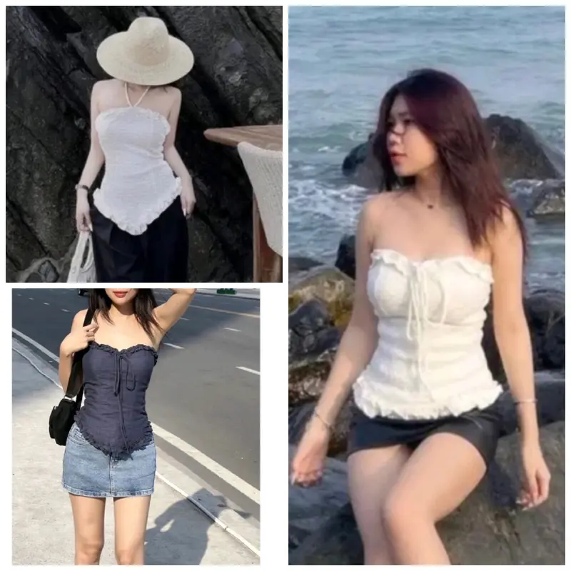 [Size S M] A020 Áo xốp croptop nữ viền bèo lai dây cột cổ 1