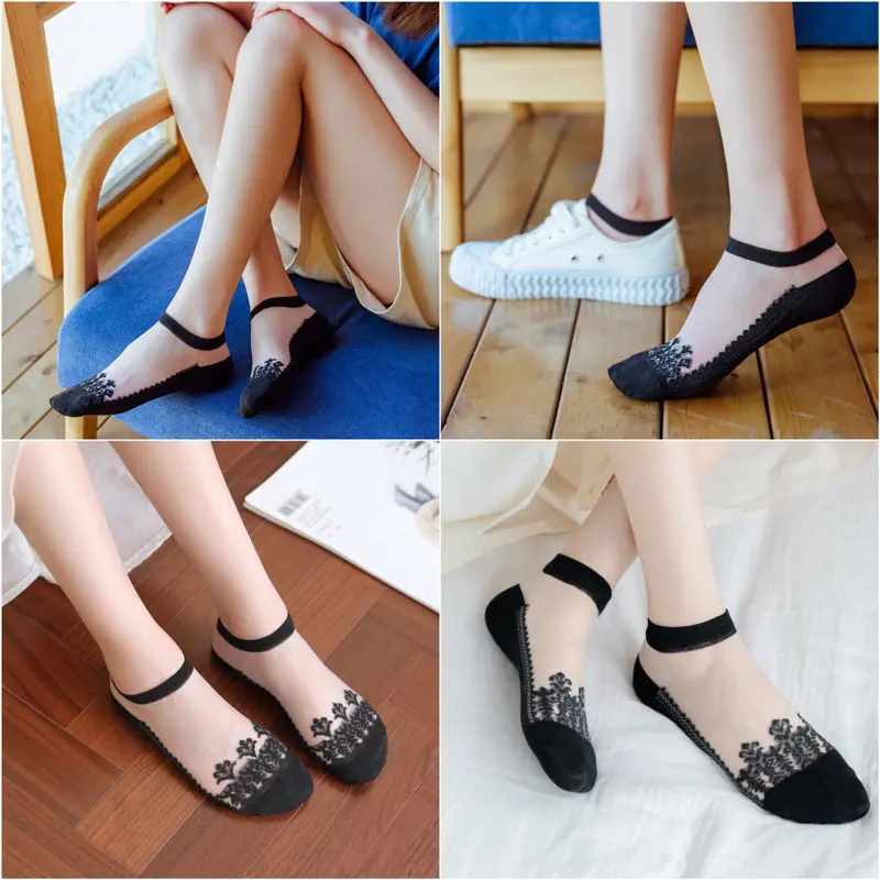 Vớ lưới nữ - Tất cổ ngắn nữ Công chúa phối ren voan màu đen khử mùi hàn quốc Bo Chun TATNU03