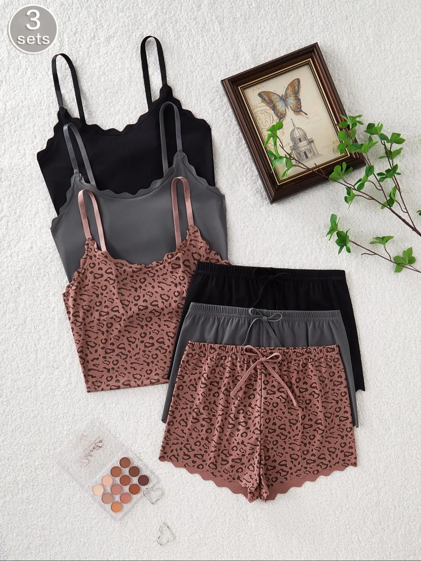 Women's Plain & Leopard Print Pajama Set, Elegant Comfy Cami Top & Shorts Set, Softness Sleepwear Set for Women, Lingerie
