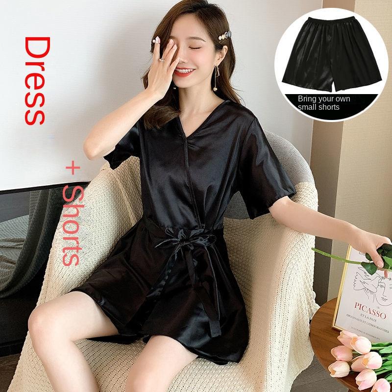 Product Introduction of Pajama women's summer short sleeved two-piece set, ice silk sweet Japanese style can be worn outside, spring and autumn home clothes, summer imitation silk Nightwear Womenswear Lingerie Loungewear Homewear Pjs Basic Minimalist 1