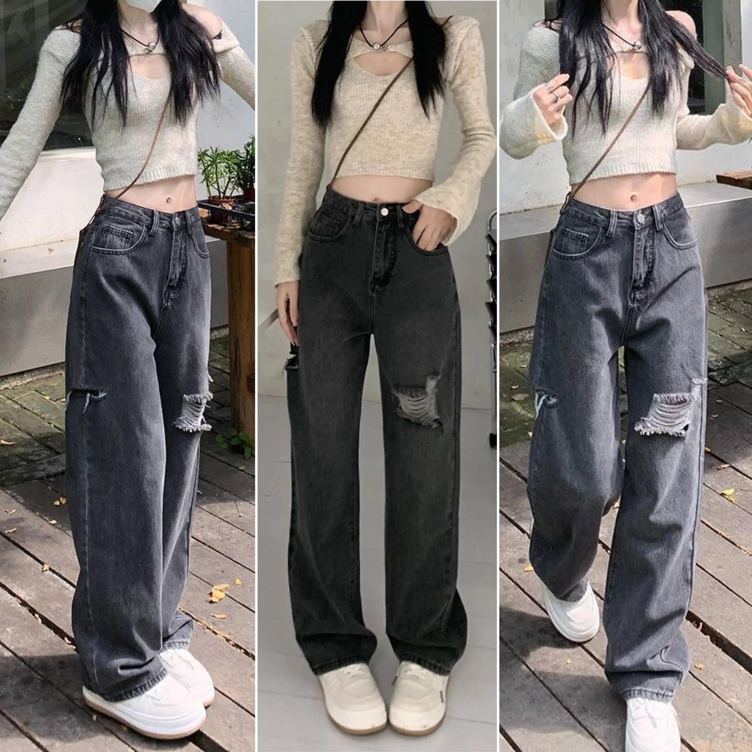 QUẦN SUÔNG JEAN ỐNG RỘNG RÁCH KIỂU