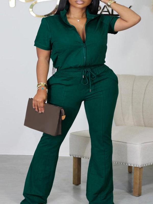 lovelywholesale Women's Plain Co-ord Set, Casual Zip Up Top & Drawstring Flare Leg Pants, Chav Sets, Summer Outfits 2024, Curvy Holiday Outfits 2024 3