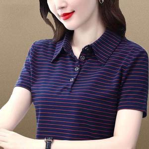 Korean Style Women Stretch Short Sleeve Polo Shirt Stripe Plus Size Middle age Casual Lapel T-shirts Lady Loose Tops