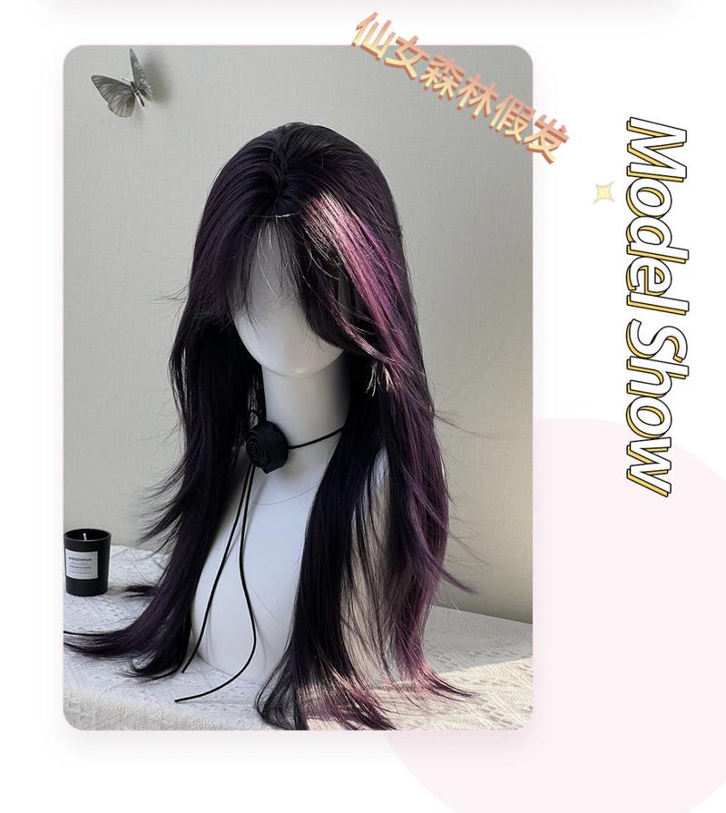 Product Introduction of Fairy Long Hair Black Purple Mid-Length Eight-Character Bangs High-Level White Artificial Natural Full-Head Wig 6