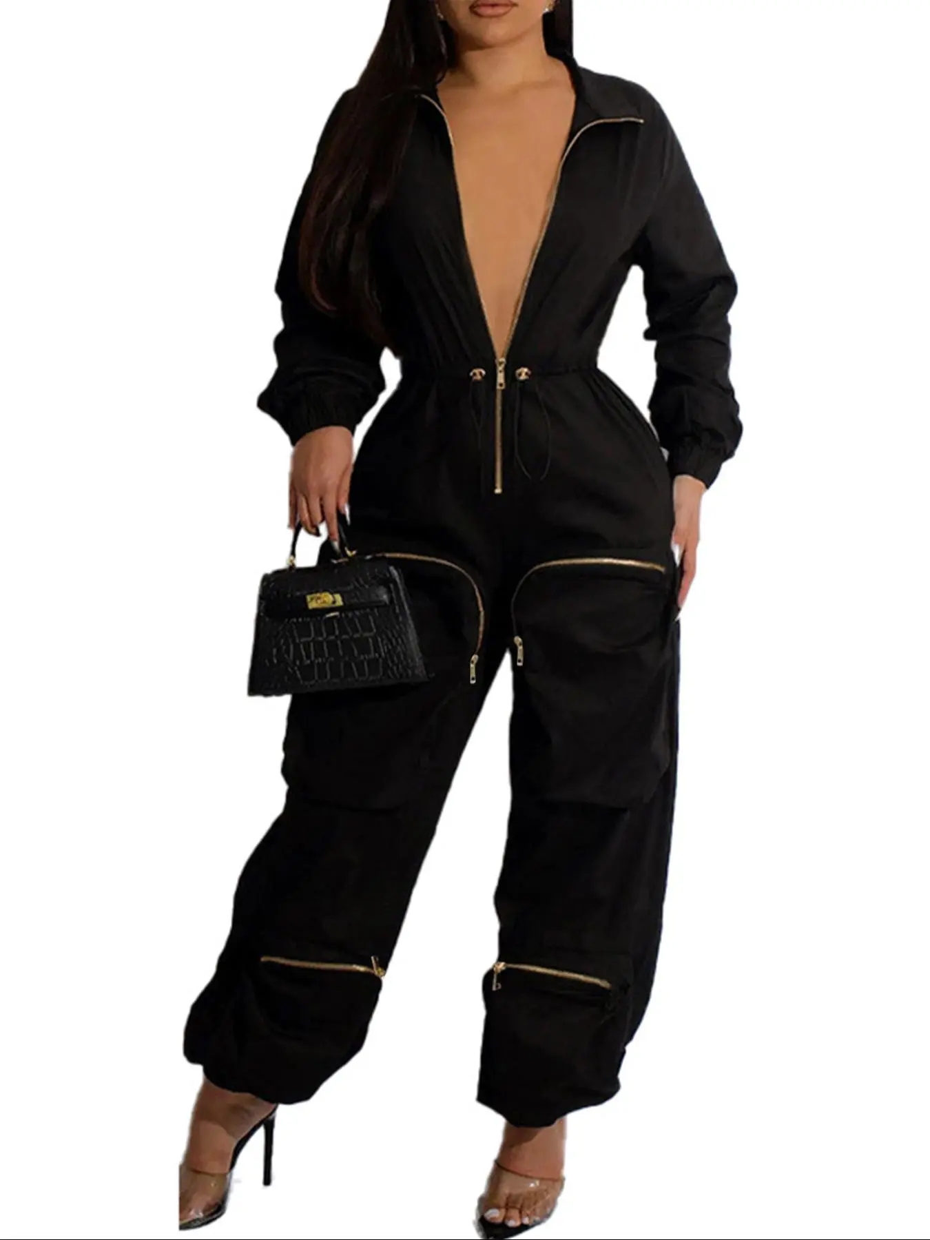 Women's Solid Zip Up Drawstring Waist Jumpsuit, Casual Street Multi-pocket Long Sleeve Jumpsuit for Spring & Fall, Women's Jumpsuit for Daily Wear