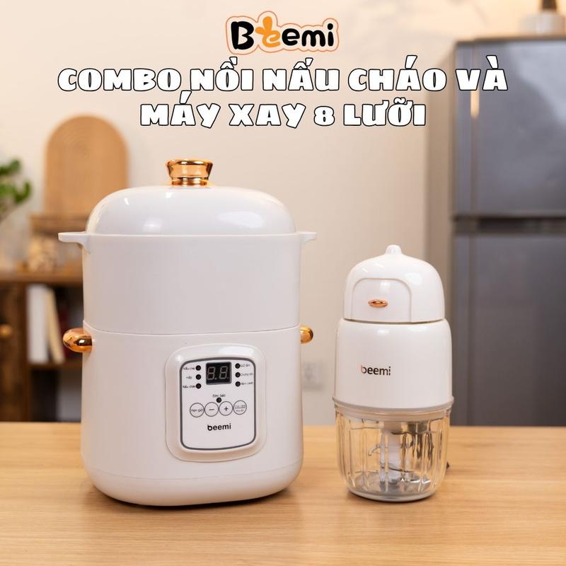 Combo nồi nấu cháo chậm Beemi phiên bản mới 6 chức năng, giữ ấm tự động lên đến 8 tiếng, chức năng hẹn trước giờ nấu, Nấu Cơm tiện lợi, kèm máy xay 8 lưỡi dao inox 316 Cooker