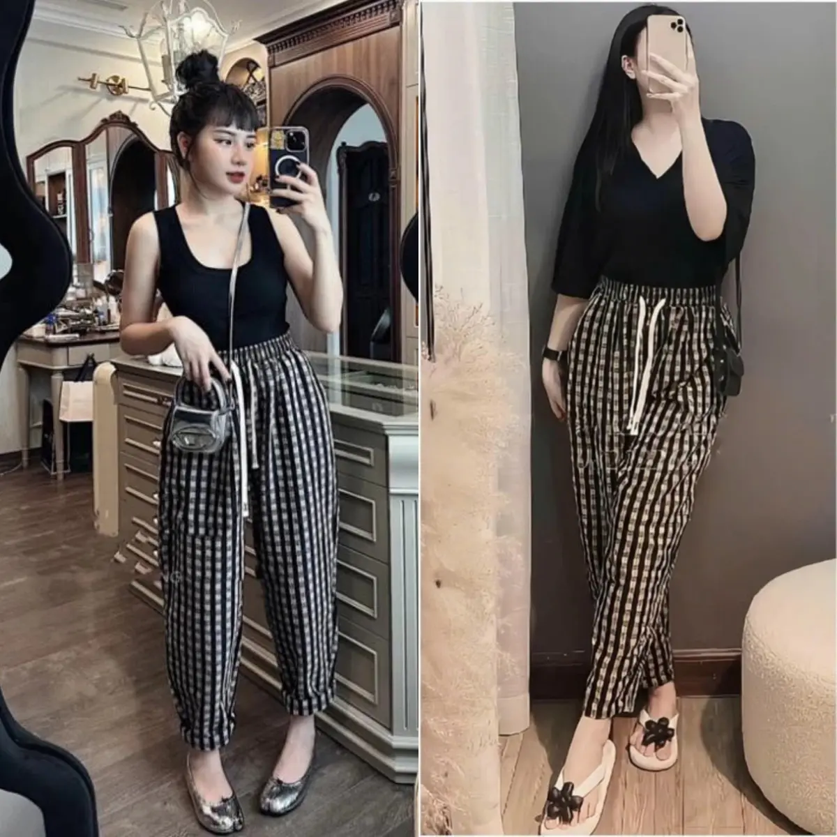 Quần Baggy Dạ Kẻ  Lưng Cao Chất Liệu Dạ Mềm Mịn Cạp Chun Co Giãn Thoải Mái Lên Form Xinh Nữ Pants