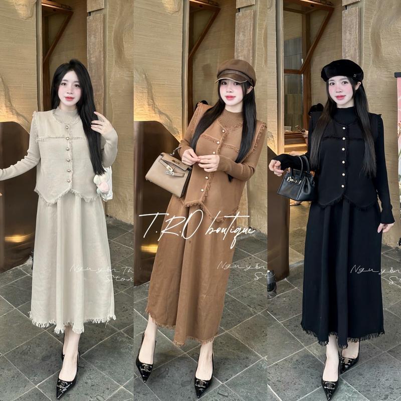 Set váy len chân xoè nhẹ phối áo gile viền lông sét bầu