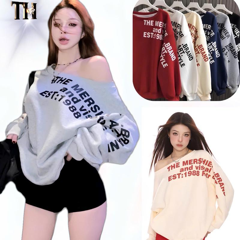 Áo Nỉ Trễ Vai In Chữ The Mers 1988 Chất Nỉ BÔNG Cổ Tay Gấu Bo Dệt FORM RÔNG 40_65KG TOP Nữ Women