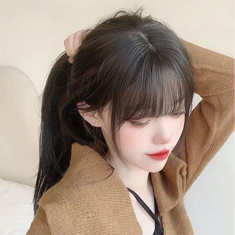  Tóc mái phủ 4d che hói làm bằng tóc thạ^t có kẹp bấm dễ xài phủ đỉnh đầu che thưa che bạc dài 25cm 