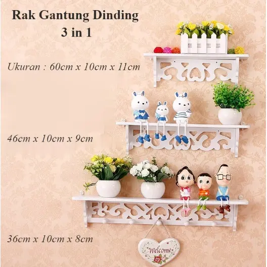 Kinbar Rak Dinding isi 3 Baris Vintage Dengan Hook Cantolan/ Rak Dinding Pajangan isi 3pc kode 536
