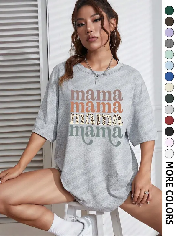 Women's "mama" Letter Print Round Neck Graphic Tee, Vintage Trendy Casual Drop Shoulder Half Sleeve T-shirt For Daily Wear, Ladies Summer Outfit 5