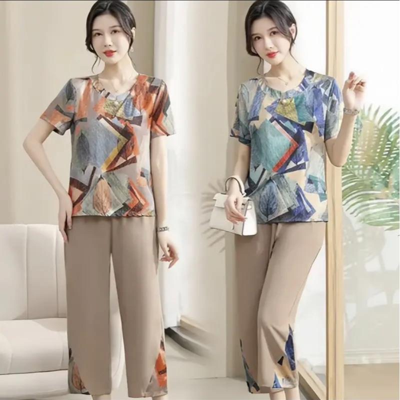 Đồ Bộ Trung Niên, Set Đồ Nữ Chất Cát Lụa Hàn Cổ Tròn Ngắn Tay Họa Tiết Chiếc Lá Quần Ống Suông Viền Hoa Women Top