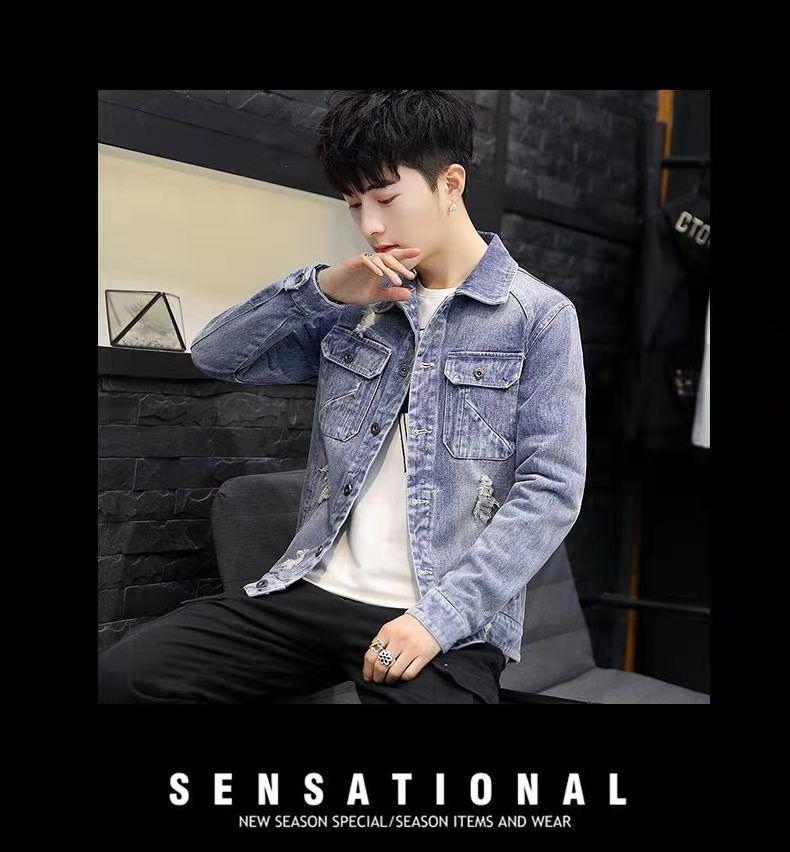 Product Introduction of New Denim Jacket Men's Casual Trendy Men's Denim Jacket Youth Denim Clothing Korean-Style Slim-Fit Light-Colored Jacket Sneaker 14