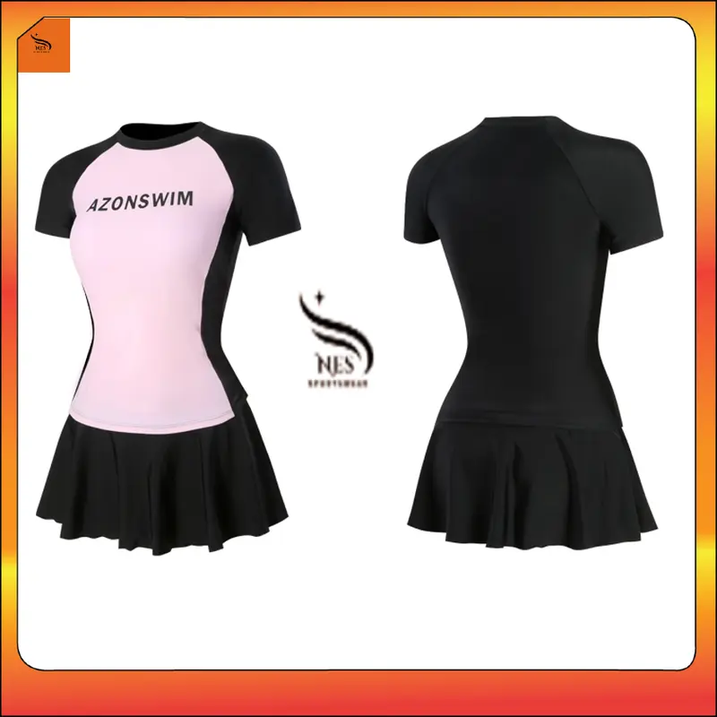 NES Bikini Bộ váy bơi 2 mảnh áo phối hồng in chữ ngắn tay, chân váy có quần short bảo hộ bên trong kín đáoTNS 071 - chất liệu thun 4 chiều, co giãn cao, kháng khuẩn, UPF 50+ 4